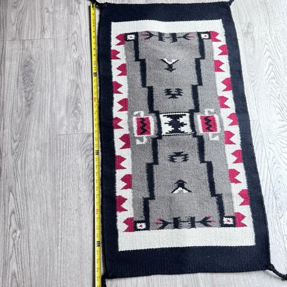 Southwestern Wool Tapestry Rug 20x40 Navajo Native Design Corner Knots Black Red